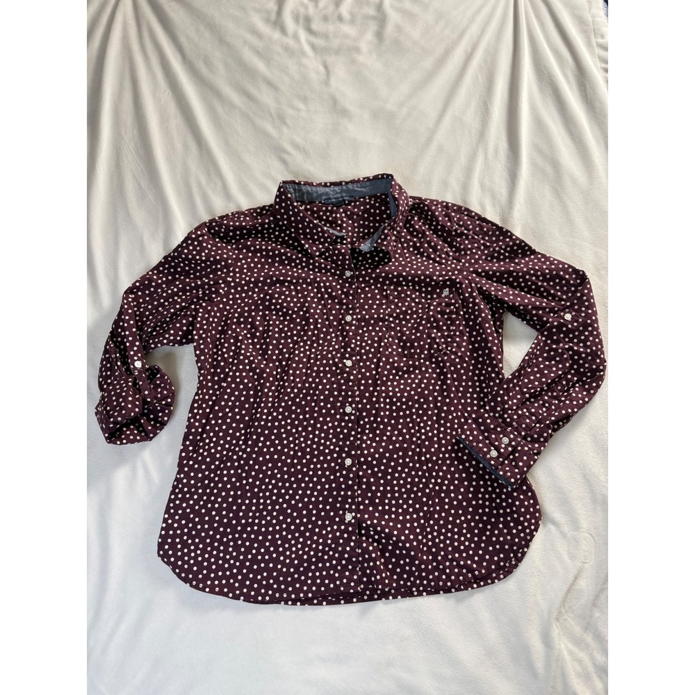 Tommy Hilfiger Womens Burgundy Polka Dot Cotton Button Down Shirt XL Long Sleeve